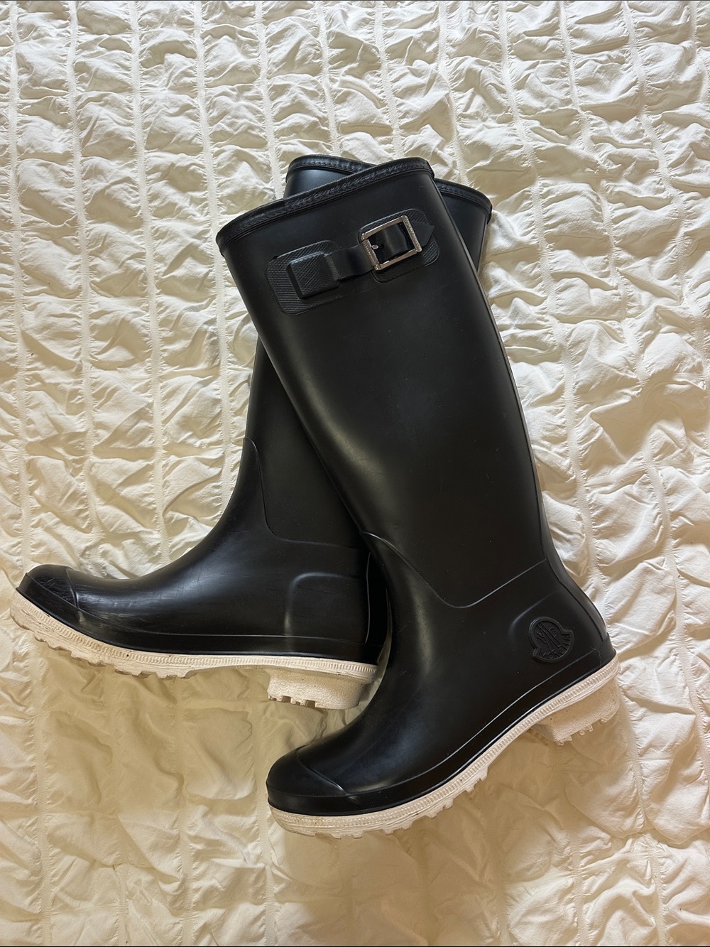 Moncler Black Rain Boots with White Sole and Buckle